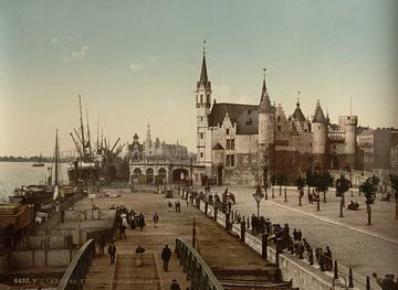 Gezicht op het Steen met de haven, Antwerpen, België (1890-1900)
