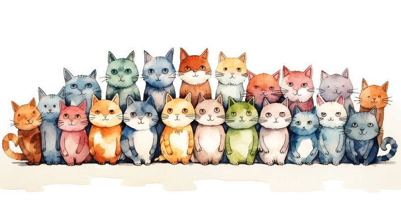 Cat group portrait in watercolour by Vlindertuin-Art