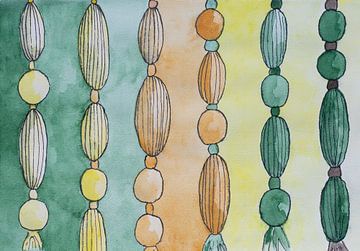 Nahaufnahme eines mit Perlen besetzten Vorhangs/Wandbehangs in Aquarelltechnik