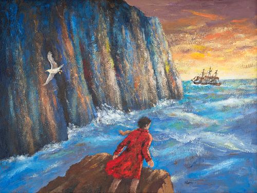 De man met de rode jas op de kliffen. Acryl op doek