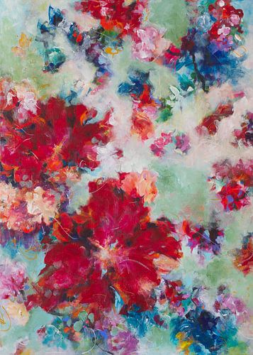 Red Velvet Lake - kleurrijk schilderij met rode bloemen
