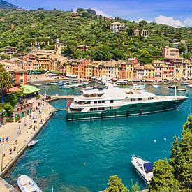 Luxe motorjacht en kleurrijke huizen in de haven van Portofino van Rob Kints
