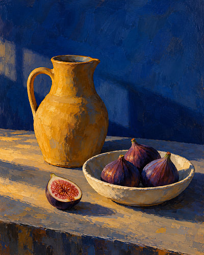 „Mediterrane Stille“ – klassisches Stillleben mit Feigen, ockergelber Krug und tiefblauem Hintergrund