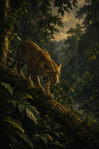 Kunstwerk met een wilde luipaard in een donkere tropische jungle
