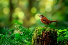 Waldvogel auf Baumstumpf im Moos von Poster Art Shop