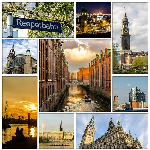 Collage Stad Hamburg met Speicherstadt Michel Stadhuis Elbe Alster