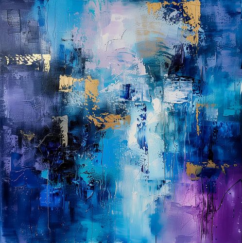 Mystieke Diepten: Een Abstract Schilderij van Blauw, Paars en Goud