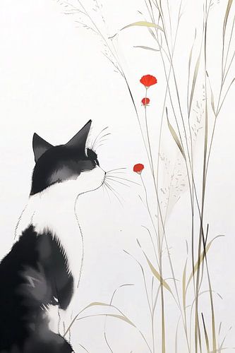 Mystical Encounter Black Cat in the Field of Flowers