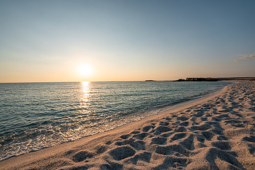 Risotto rice on Is Arutas beach in Sardinia at sunset with glittering sea and stones
