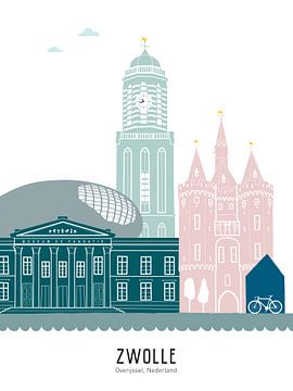 Skyline illustration city of Zwolle in colour by Mevrouw Emmer