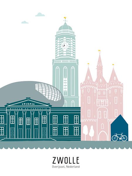 Skyline-Illustration der Stadt Zwolle in Farbe von Mevrouw Emmer