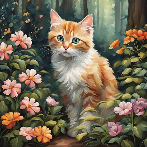 Kat In Bloemen Bos 1.0 Schilderij