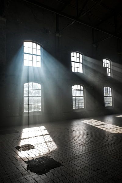 Les rayons du soleil dansent à travers les fenêtres industrielles par Vlindertuin-Art