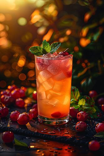 Refreshing cocktail with cherries in the evening sun