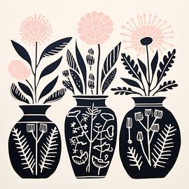 Vases avec impression sur lino de fleurs roses sur Bianca ter Riet