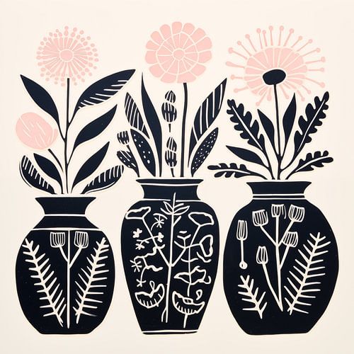 Vases avec impression sur lino de fleurs roses