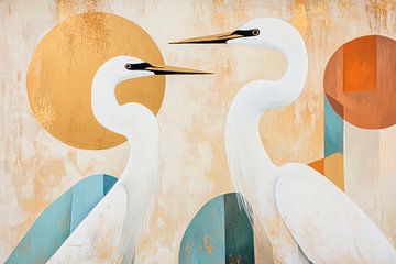 Twee reigers in een harmonieus kleurenspel van Poster Art Shop