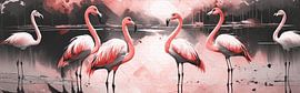 Oeuvre d'art panoramique groupe de flamants roses dans un lac sur Emiel de Lange