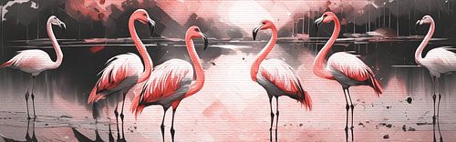Panorama kunstwerk roze flamingo groep in meer
