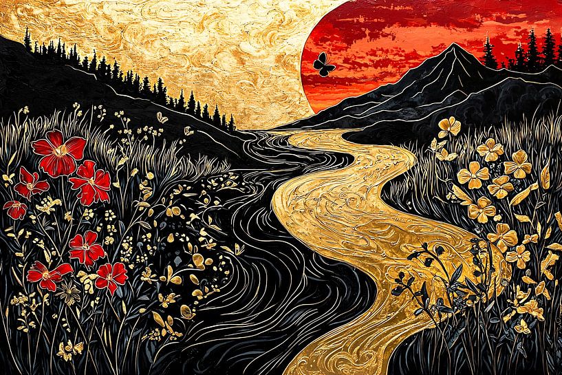 Gouden rivier met bloemen en zonsondergang van Imperial Art House