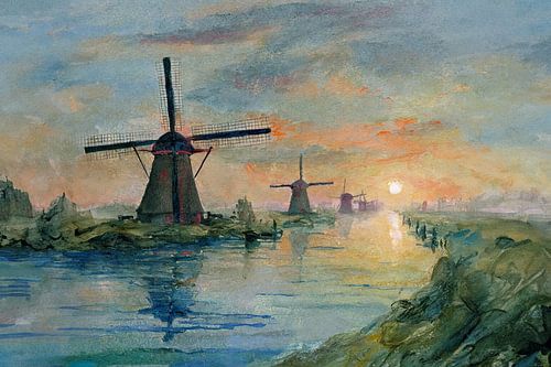 Moulins dans le polder avec le soleil couchant