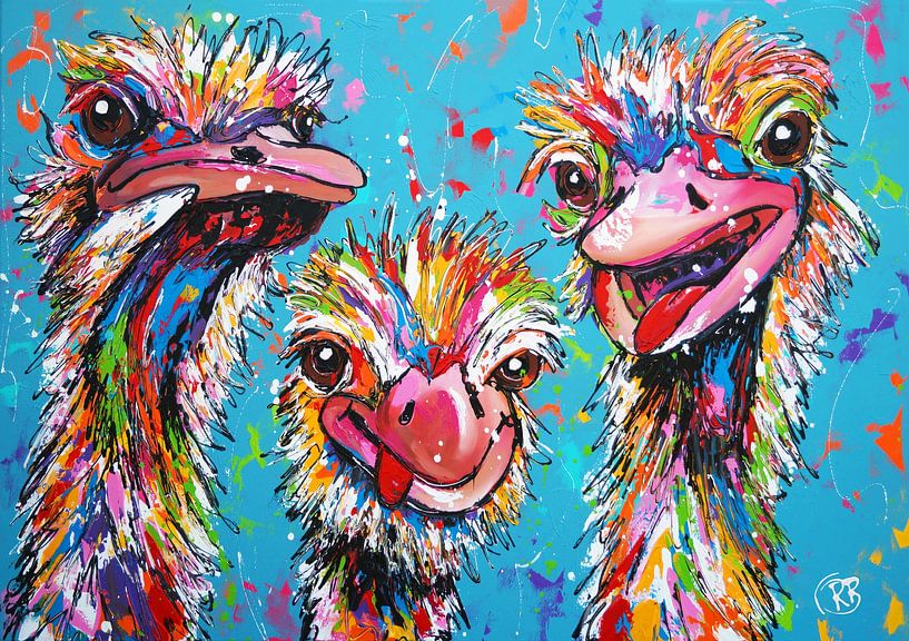 Vrolijk Struisvogel Trio van Happy Paintings / Renata Rolefes