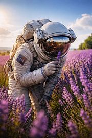 Moment cosmique à la lavande – Un astronaute explorant un champ de lavande en fleurs