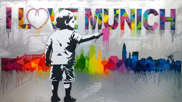 Banksy Hommage Litte Boy Brush Skyline - Love Munich