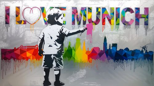 Banksy Hommage Litte Boy Borstel Skyline - Liefde München van Team W 32 Gallery