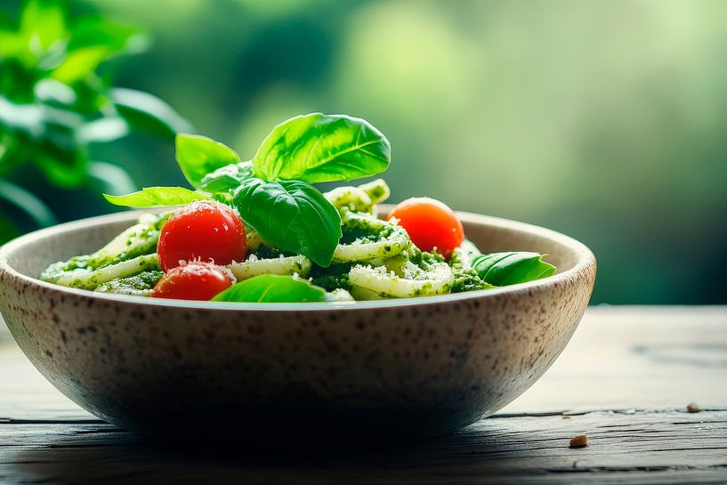 Frischer Genuss: Pasta mit Basilikum und Tomaten von Poster Art Shop