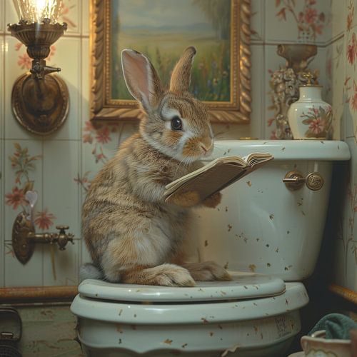 Pluizig konijntje leest op het toilet - Grappige badkamerfoto