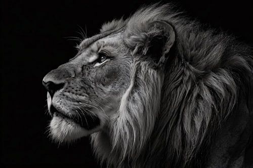Majestueuze zwart-wit foto van een leeuw
