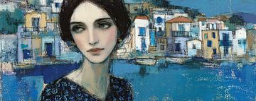 Vue sereine sur la mer avec femme sur Peinture Abstraite