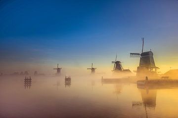 Molens Zaanse Schans op een mistige ochtend