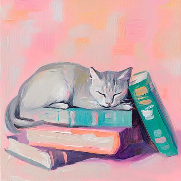 Kat slaapt op boeken van Poster Art Shop