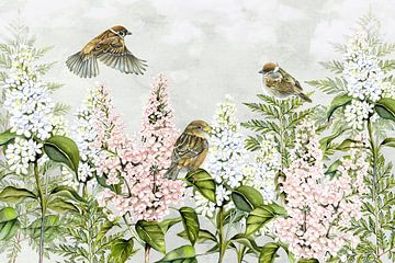 birds sparrow on lilacs by Geertje Burgers