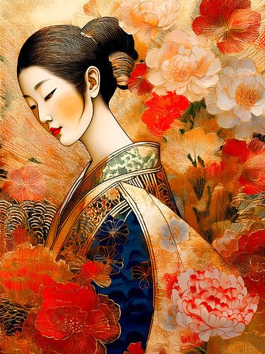 Kleurrijk traditioneel Portret  van Japanse vrouw in Kimono