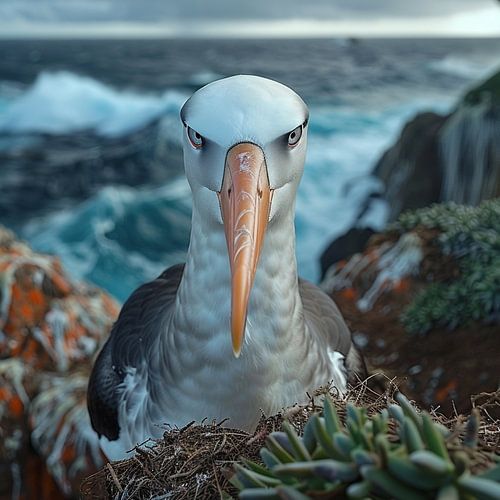 Black-browed Albatross Perched on Nest Near Ocean