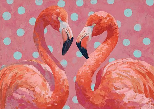 Pink Flamingos with Aqua Dots by Wonderful Art