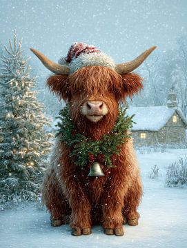 Lieve Highland koe in kerststemming – sneeuwlandschap met kerstversiering van But First Framing