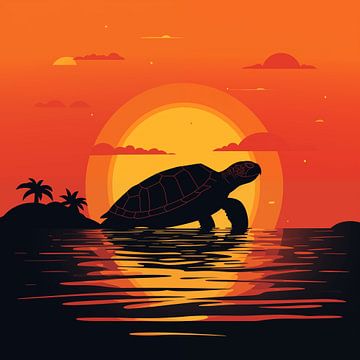 Silhouette de tortue au coucher du soleil sur la plage Minimalisme sur TheXclusive Art