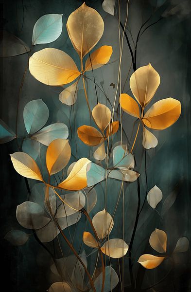 Abstract leaves in gold and soft blue by Steinfox Art