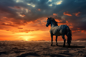 Schwarzes Pferd steht auf einem Sandstrand unter einem wolkigen blauen und orangefarbenen Himmel mit Sonnenuntergang.