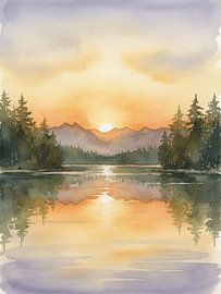 Mists of the Golden Hour: A Serene Watercolor Reflection of Alpine Peaks and Silent Pines by Artistic