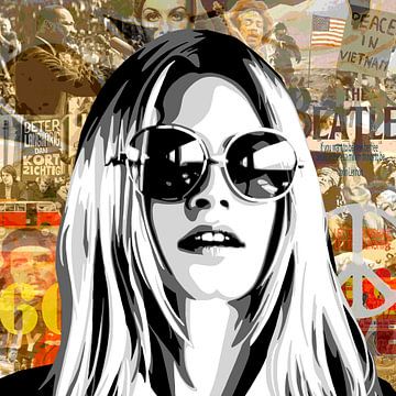 Portret van Brigitte Bardot op een achtergrond van 'Sixties' beelden