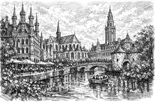 Leuven, België, een zwart-wit illustratie.