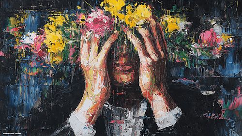 Surreale, schmerzhafte Schönheit – Konzeptkunst: Person mit Nadelblumen – Düstere, emotionale, abstrakte Illustration
