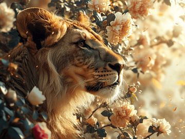 Majestät in Blüte - Der Löwe und die Rosen von Eva Lee