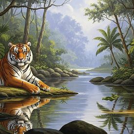 Majestätischer Tiger an einem Dschungelfluss von Syapaat syapaat