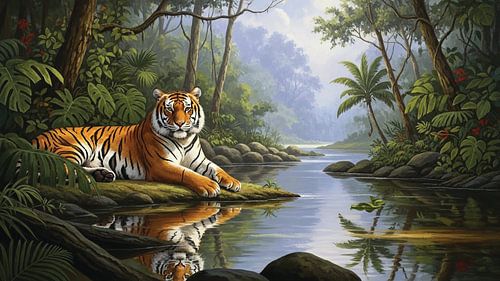 Tigre majestueux au bord d'une rivière de la jungle